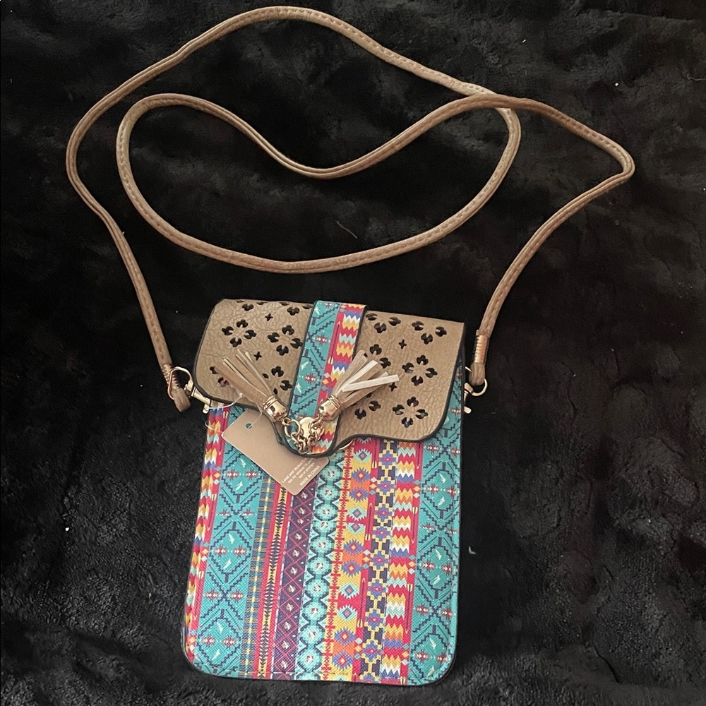 Colorful Patterned Crossbody Bag with Tassel